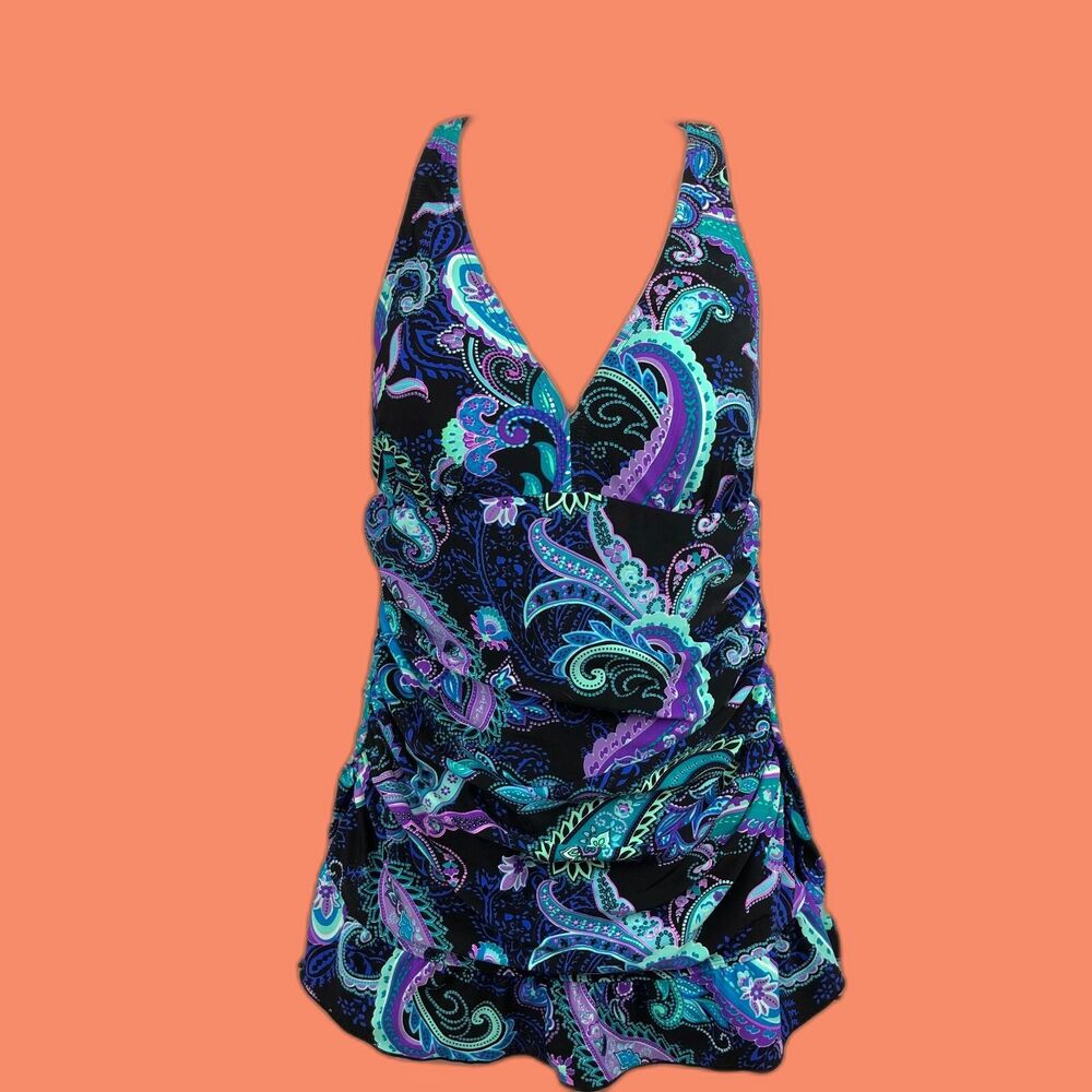 Ocean Dream Modest Ruched Womens 6 Swim Dress Black Purple Paisley Bathing Suit